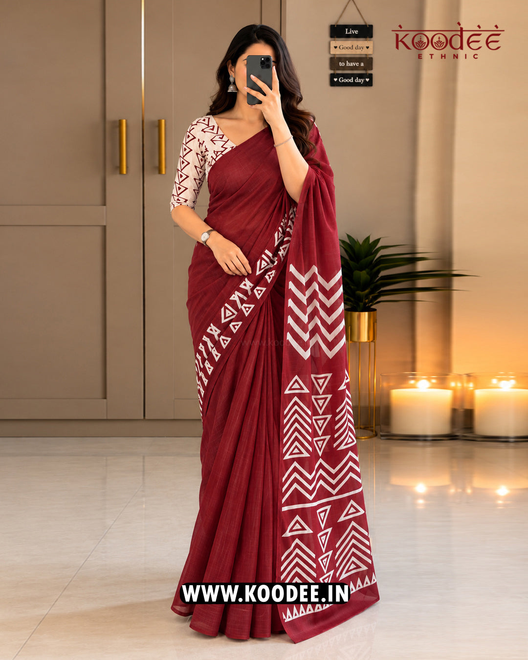Maroon Traditional Geometric Printed Mul Cotton Saree