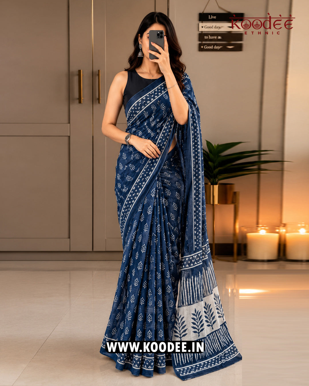 Navy Blue Motif Printed Mul Cotton Saree