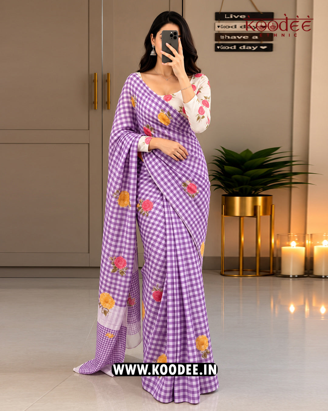 Purple Floral Gingham Printed Mul Cotton Saree