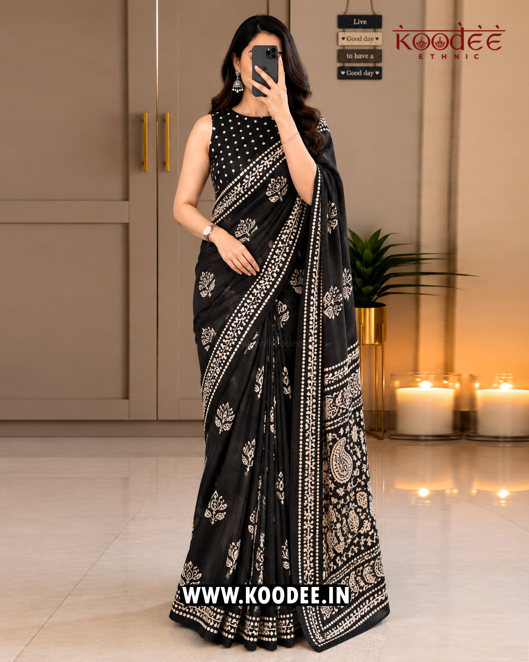 Black Ethnic Floral Printed Mul Cotton Saree