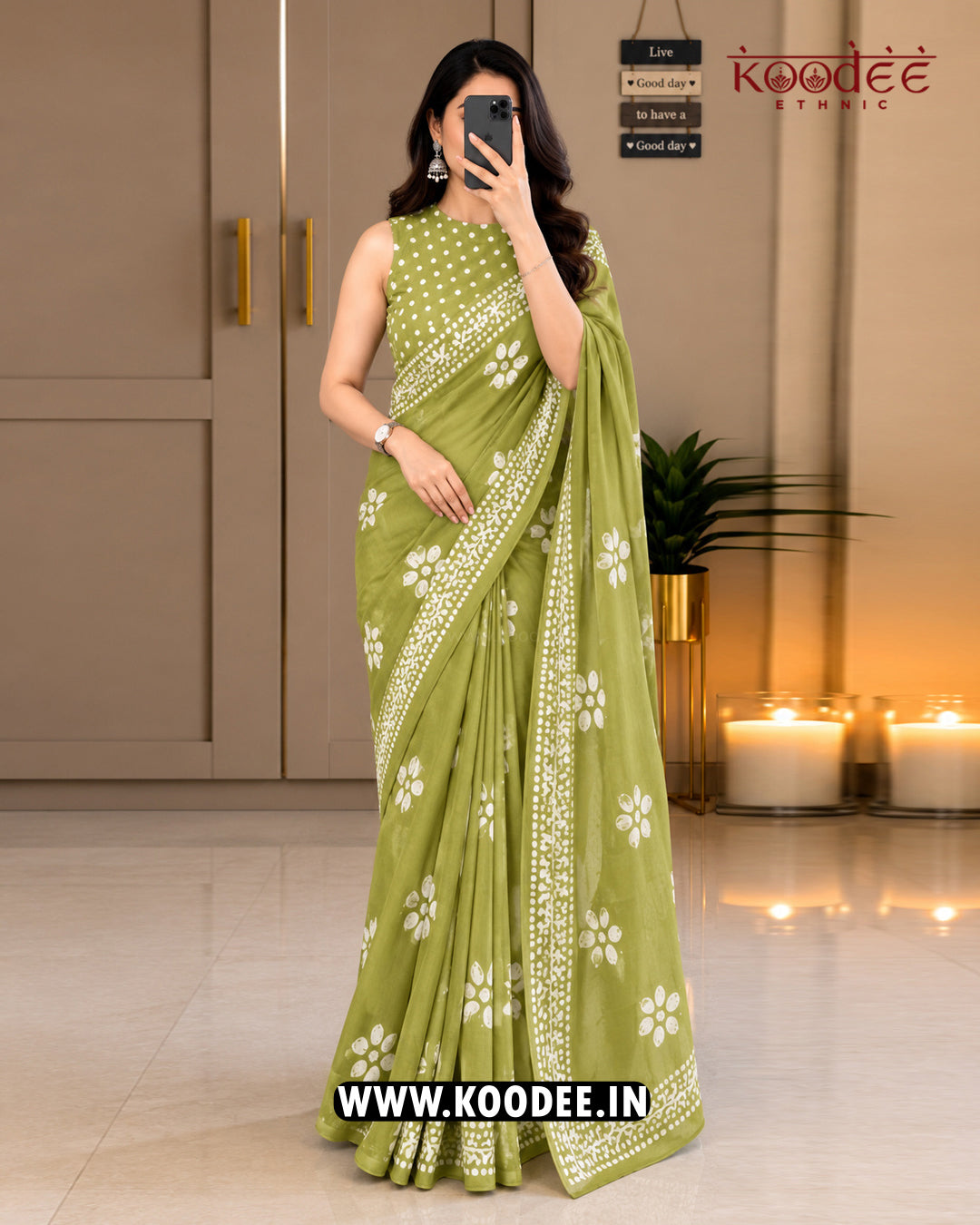 Olive Green Floral Printed Mul Cotton Saree