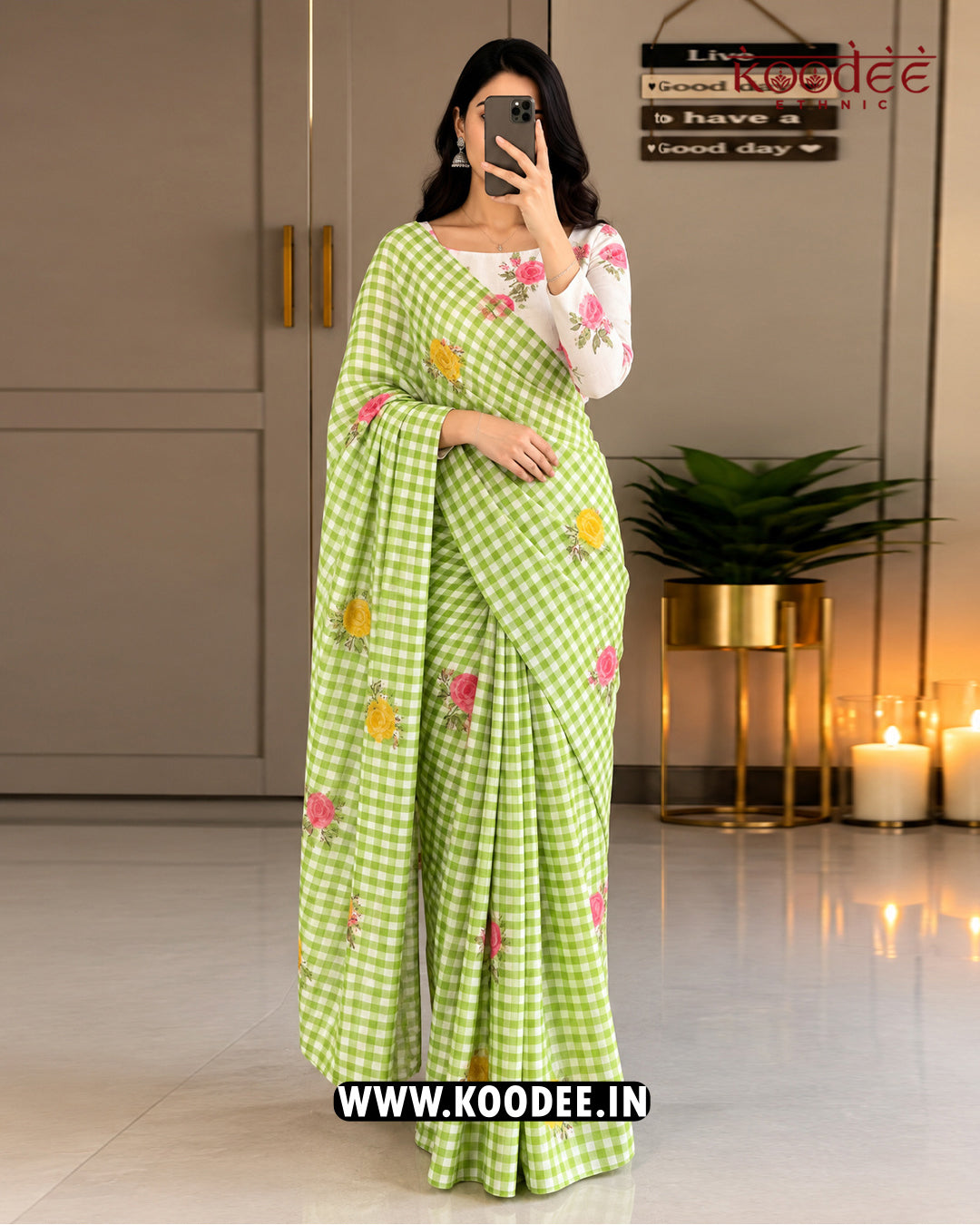 Pastel Green Gingham Printed Mul Cotton Saree
