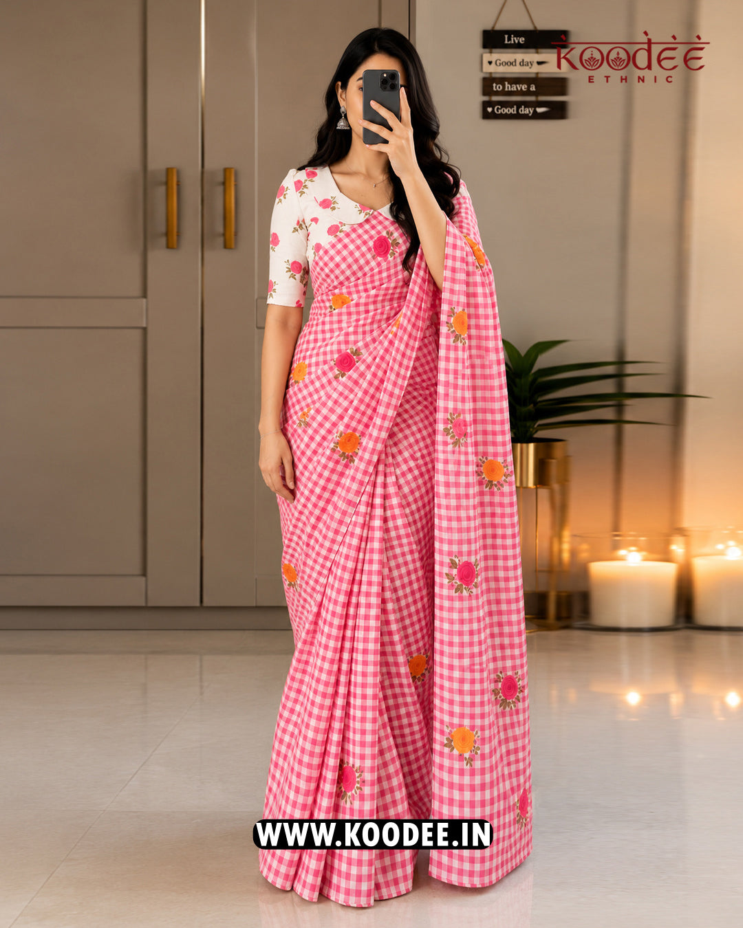 Pink Gingham Floral Printed Mul Cotton Saree