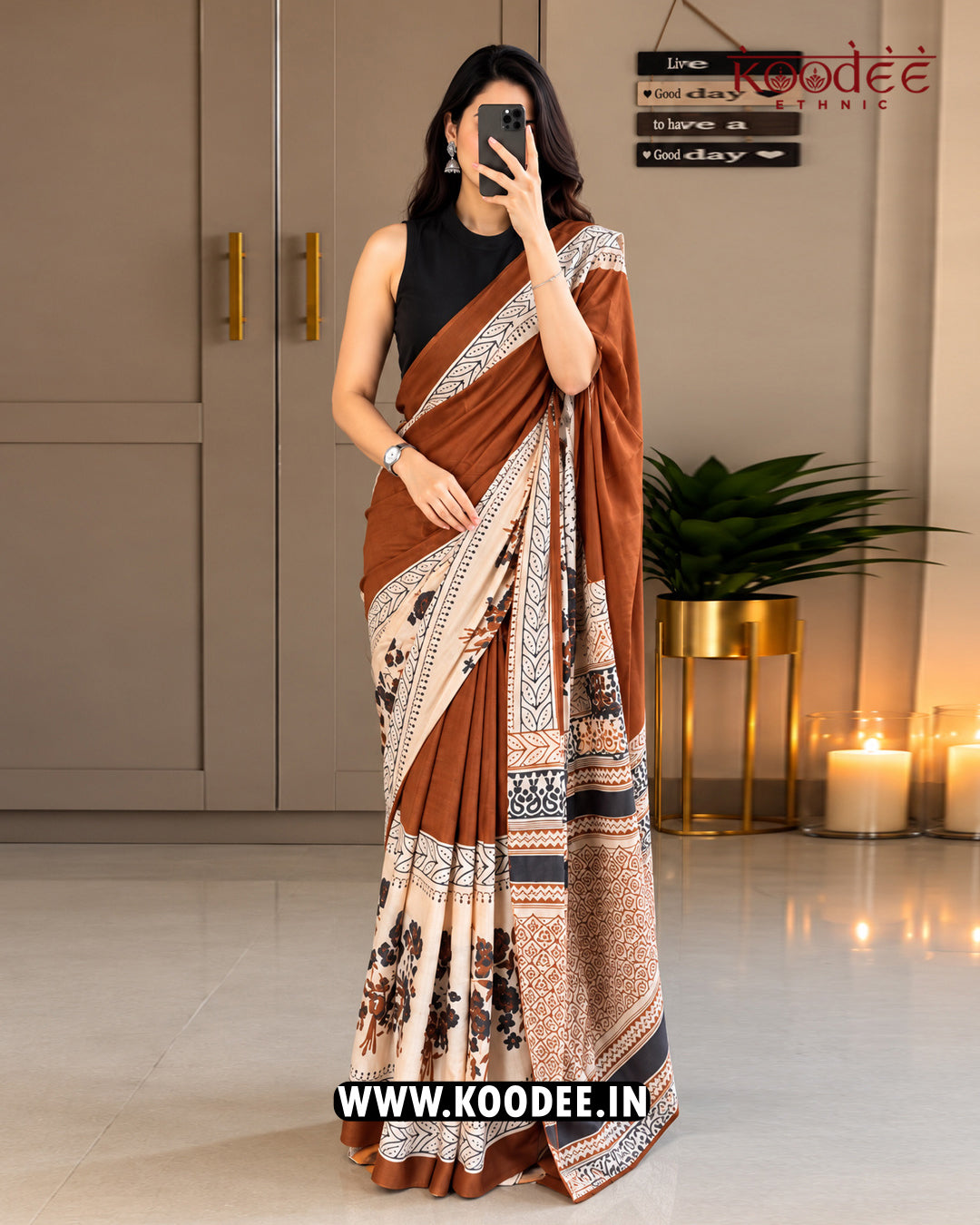 Rust Brown Traditional Printed Mul Cotton Saree